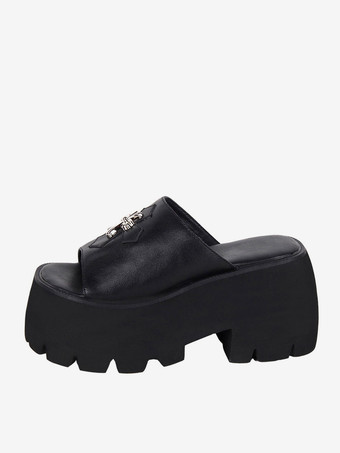 ブラック ゴシック ロリータ サンダル メタルディテール ピープトゥ クロス PU レザー ブラック ロリータ サマーシューズ