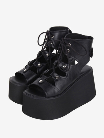 ゴシックロリータサンダル グロメット オープントゥ メタリックPUレザー ブラック ロリータ サマーシューズ