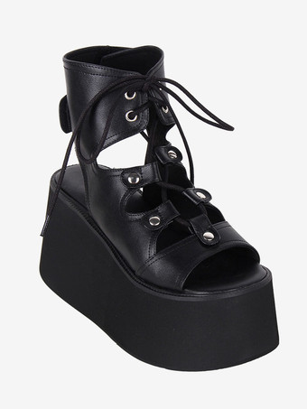 ゴシックロリータサンダル グロメット オープントゥ メタリックPUレザー ブラック ロリータ サマーシューズ