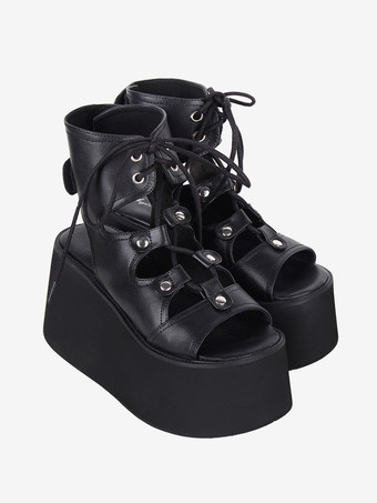 ゴシックロリータサンダル グロメット オープントゥ メタリックPUレザー ブラック ロリータ サマーシューズ