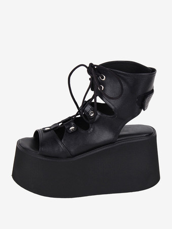 ゴシックロリータサンダル グロメット オープントゥ メタリックPUレザー ブラック ロリータ サマーシューズ