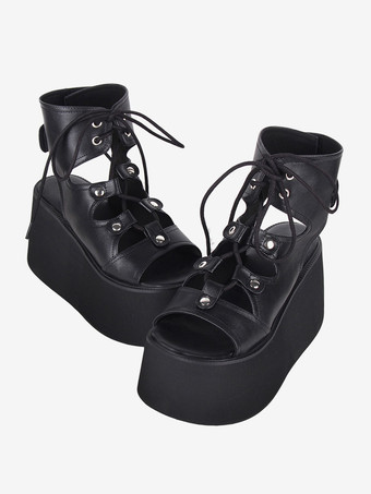 ブラック ゴシックロリータサンダル グロメット オープントゥ メタリックPUレザー ブラック ロリータ サマーシューズ