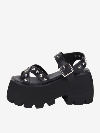 ゴシック ロリータ サンダル メタルディテール ピープトゥ メタリック PU レザー ブラック ロリータ サマーシューズ