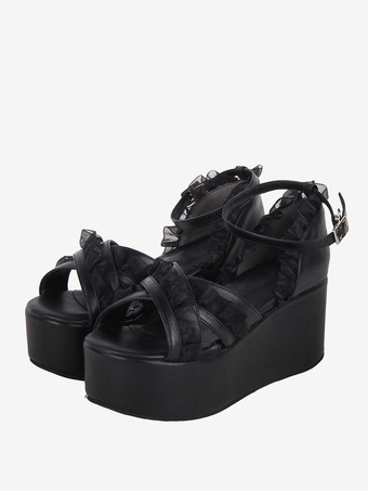 スウィートロリータサンダル レースピープトゥ レース PUレザー ブラック ロリータ サマーシューズ