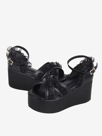 スウィートロリータサンダル レースピープトゥ レース PUレザー ブラック ロリータ サマーシューズ