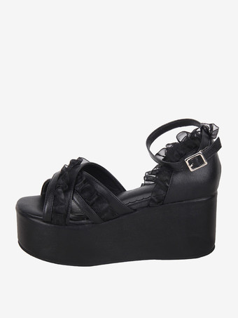 ブラック スウィートロリータサンダル レースピープトゥ レース PUレザー ブラック ロリータ サマーシューズ