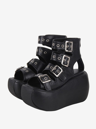 スチームパンク ロリータ サンダル ブラック グロメット メタリック PU レザー ピープトゥ ロリータ サマーシューズ