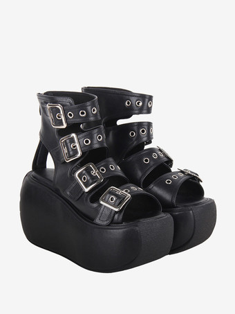 スチームパンク ロリータ サンダル ブラック グロメット メタリック PU レザー ピープトゥ ロリータ サマーシューズ