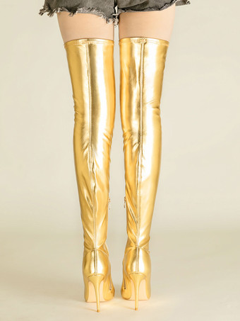 オーバーニーブーツ ゴールド レディース ポインテッドトゥ 伸縮性 サイハイブーツ