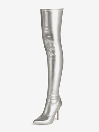 シルバー オーバーニーブーツ ゴールド レディース ポインテッドトゥ 伸縮性 サイハイブーツ