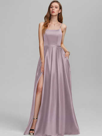 ライラックブライズメイドドレス サテン生地 Aライン フロアレングス フォーマルガウン