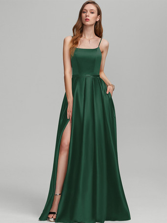 ダークグリーンブライズメイドドレス サテン生地 Aライン フロアレングス フォーマルガウン