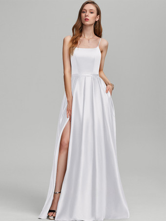 ホワイトブライズメイドドレス サテン生地 Aライン フロアレングス フォーマルガウン