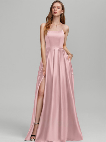 ピンクブライズメイドドレス サテン生地 Aライン フロアレングス フォーマルガウン