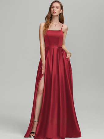 エンバーレッドブライズメイドドレス サテン生地 Aライン フロアレングス フォーマルガウン