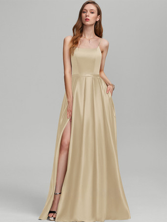 シャンパンブライズメイドドレス サテン生地 Aライン フロアレングス フォーマルガウン