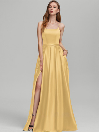 イエローブライズメイドドレス サテン生地 Aライン フロアレングス フォーマルガウン