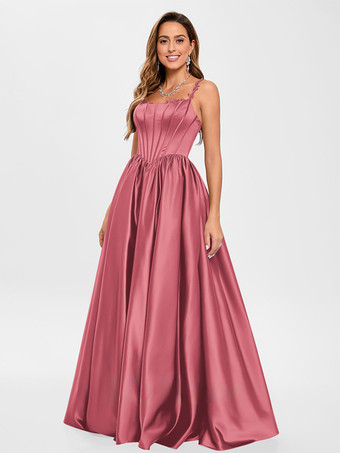 CorailRobe de bal en tissu satiné col carré ligne a sans manches robes de soirée appliquées