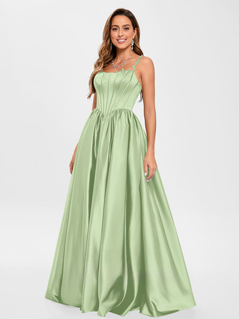 Pastel vertRobe de bal en tissu satiné col carré ligne a sans manches robes de soirée appliquées