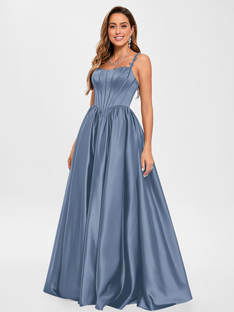 bleu-gris Robe de bal en tissu satiné col carré ligne a sans manches robes de soirée appliquées