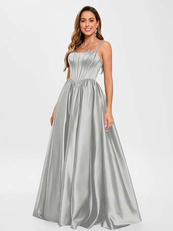 Argent Robe de bal en tissu satiné col carré ligne a sans manches robes de soirée appliquées