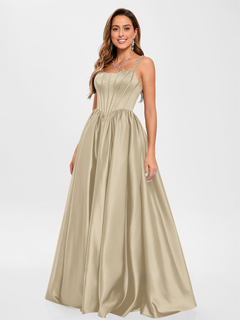 Champagne Robe de bal en tissu satiné col carré ligne a sans manches robes de soirée appliquées