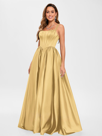 JauneRobe de bal en tissu satiné col carré ligne a sans manches robes de soirée appliquées