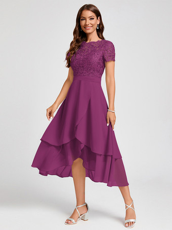 マゼンタ花嫁の母親のためのパーティードレス ジュエルネック 半袖 Aライン アシンメトリー ゲストドレス 結婚式用