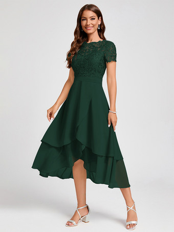 ダークグリーン花嫁の母親のためのパーティードレス ジュエルネック 半袖 Aライン アシンメトリー ゲストドレス 結婚式用