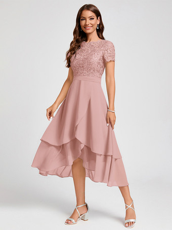 ピンク花嫁の母親のためのパーティードレス ジュエルネック 半袖 Aライン アシンメトリー ゲストドレス 結婚式用