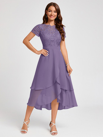 バイオレット花嫁の母親のためのパーティードレス ジュエルネック 半袖 Aライン アシンメトリー ゲストドレス 結婚式用