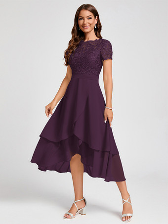 プラム花嫁の母親のためのパーティードレス ジュエルネック 半袖 Aライン アシンメトリー ゲストドレス 結婚式用