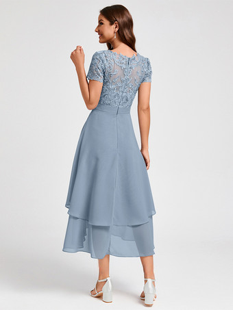 花嫁の母親のためのパーティードレス ジュエルネック 半袖 Aライン アシンメトリー ゲストドレス 結婚式用