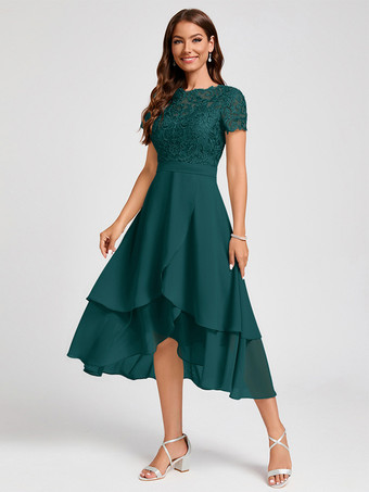 ブルーグリーン花嫁の母親のためのパーティードレス ジュエルネック 半袖 Aライン アシンメトリー ゲストドレス 結婚式用