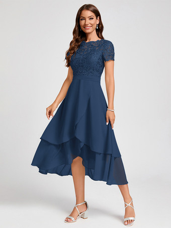 ダークネイビー花嫁の母親のためのパーティードレス ジュエルネック 半袖 Aライン アシンメトリー ゲストドレス 結婚式用