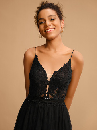 プロムドレス Vネック Aライン ノースリーブ スパンコール パーティードレス