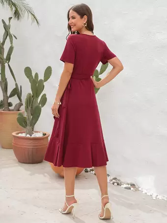 Wrap Dress Short Sleeves Belted Ruffles Edge Summer Casual Midi Dresses -  Milanoo.com