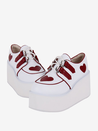 ホワイト スチームパンク ロリータ フットウェア ホワイト レースアップ ハート柄 PU レザー ウェッジヒール ロリータ シューズ