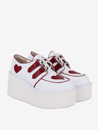 スチームパンク ロリータ フットウェア ホワイト レースアップ ハート柄 PU レザー ウェッジヒール ロリータ シューズ