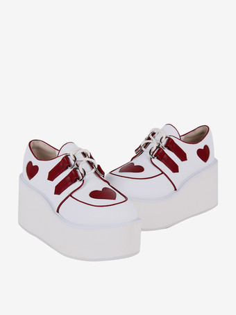 スチームパンク ロリータ フットウェア ホワイト レースアップ ハート柄 PU レザー ウェッジヒール ロリータ シューズ