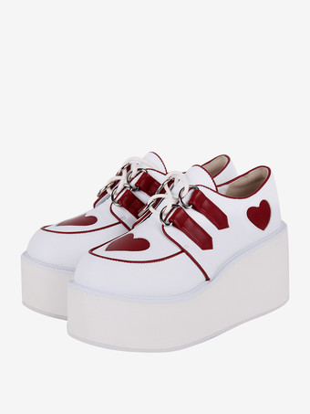 スチームパンク ロリータ フットウェア ホワイト レースアップ ハート柄 PU レザー ウェッジヒール ロリータ シューズ