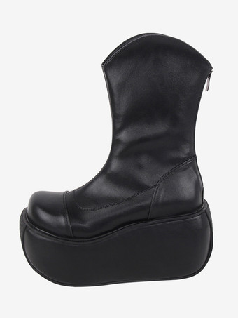 ブラック ゴシックロリータブーツ ブラック PU ラウンドトゥ PUレザー ロリータフットウェア