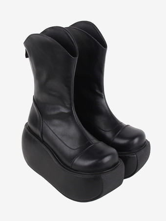 ゴシックロリータブーツ ブラック PU ラウンドトゥ PUレザー ロリータフットウェア