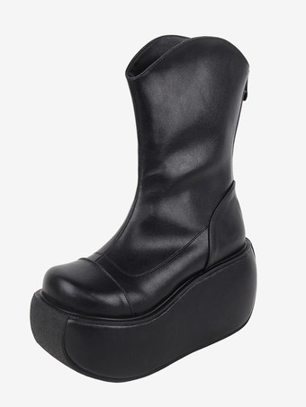 ゴシックロリータブーツ ブラック PU ラウンドトゥ PUレザー ロリータフットウェア