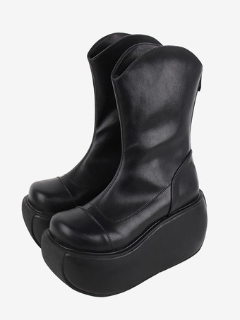 ゴシックロリータブーツ ブラック PU ラウンドトゥ PUレザー ロリータフットウェア