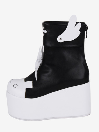 ブラック スイートロリータブーツ レッドバタフライ ツートン ラウンドトゥ PUレザー ロリータフットウェア