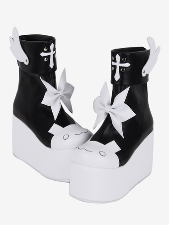 スイートロリータブーツ レッドバタフライ ツートン ラウンドトゥ PUレザー ロリータフットウェア