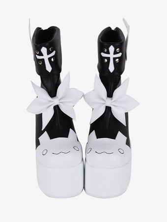 スイートロリータブーツ レッドバタフライ ツートン ラウンドトゥ PUレザー ロリータフットウェア