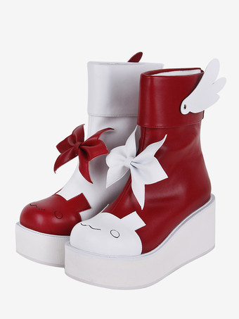 レッド スイートロリータブーツ レッドバタフライ ツートン ラウンドトゥ PUレザー ロリータフットウェア