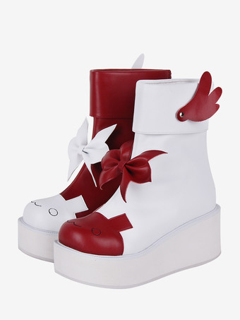 スイートロリータブーツ レッドバタフライ ツートン ラウンドトゥ PUレザー ロリータフットウェア